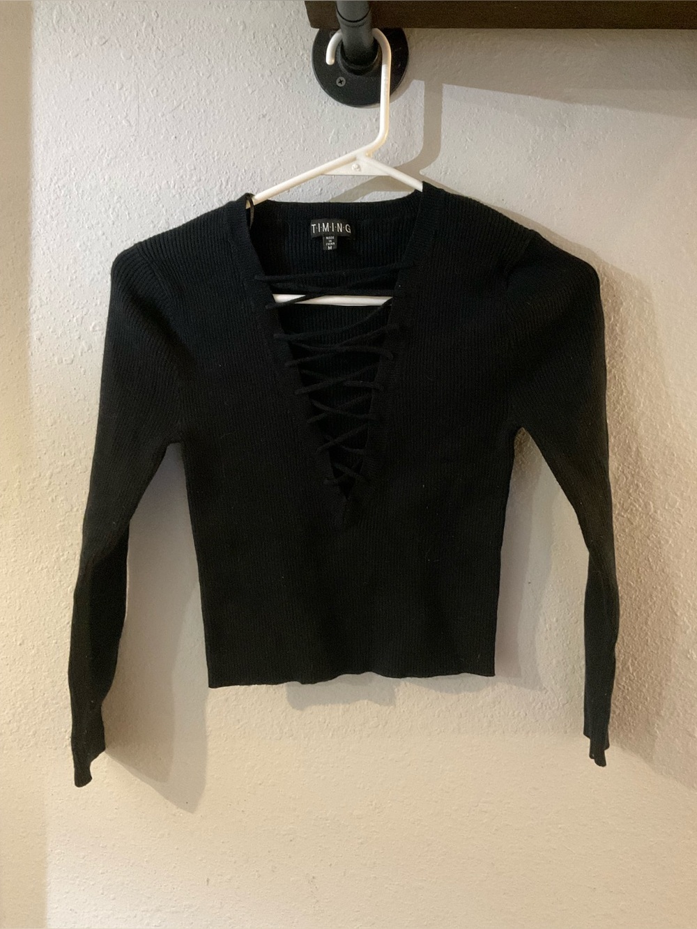 Timing Black Lace-Up V-Neck Ribbed Knit Top